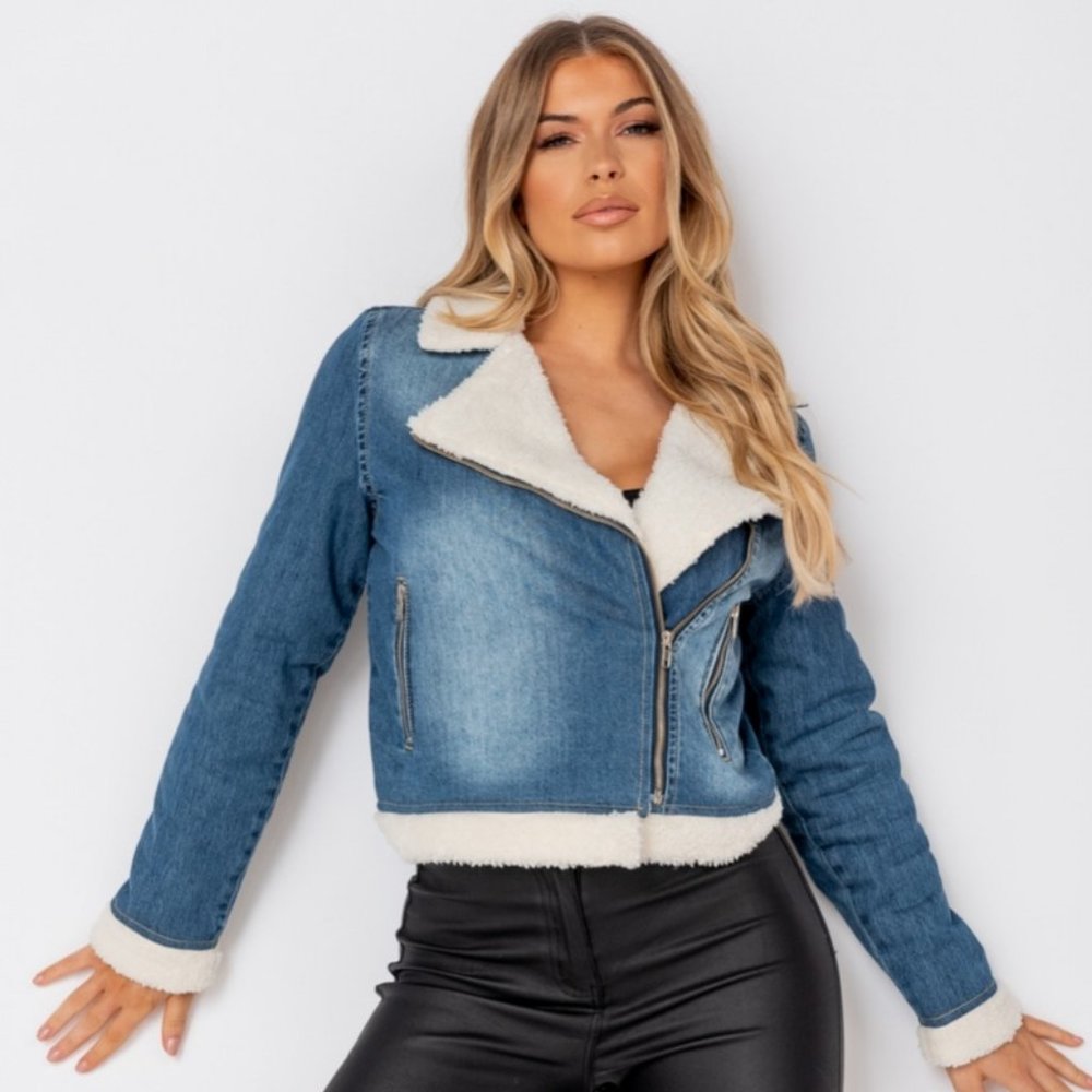 Denim and Teddy Bear Fur Long Sleeve Biker Jacket - Picture 3 of 13